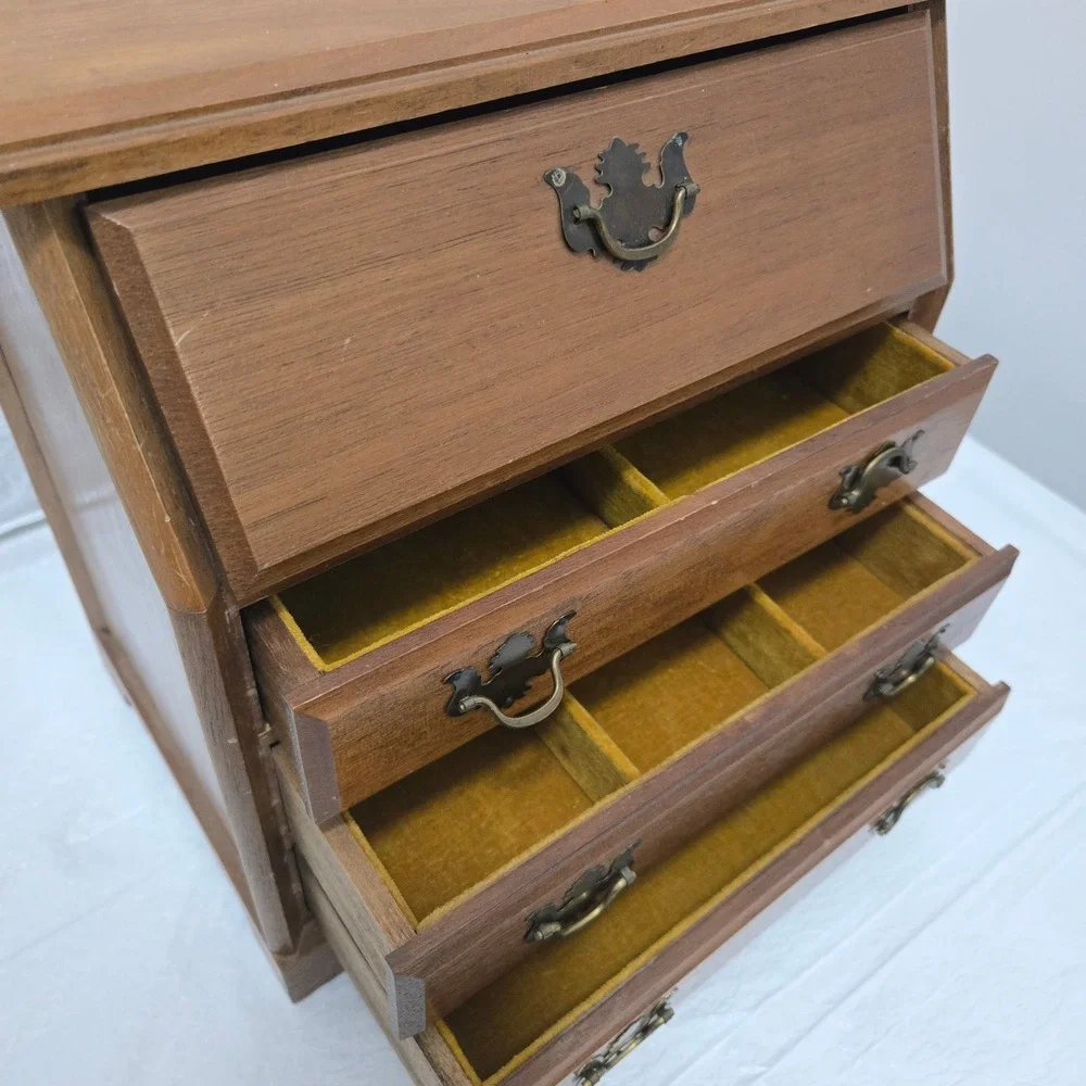 Vintage Wooden Miniature Secretary Desk Jewelry Box 4 Drawer Brass Pulls Brown